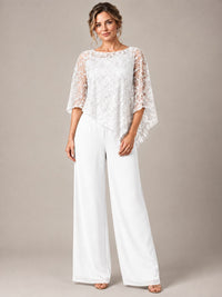 3/4 Sleeve Sequin Chiffon Jumpsuit with Cape
