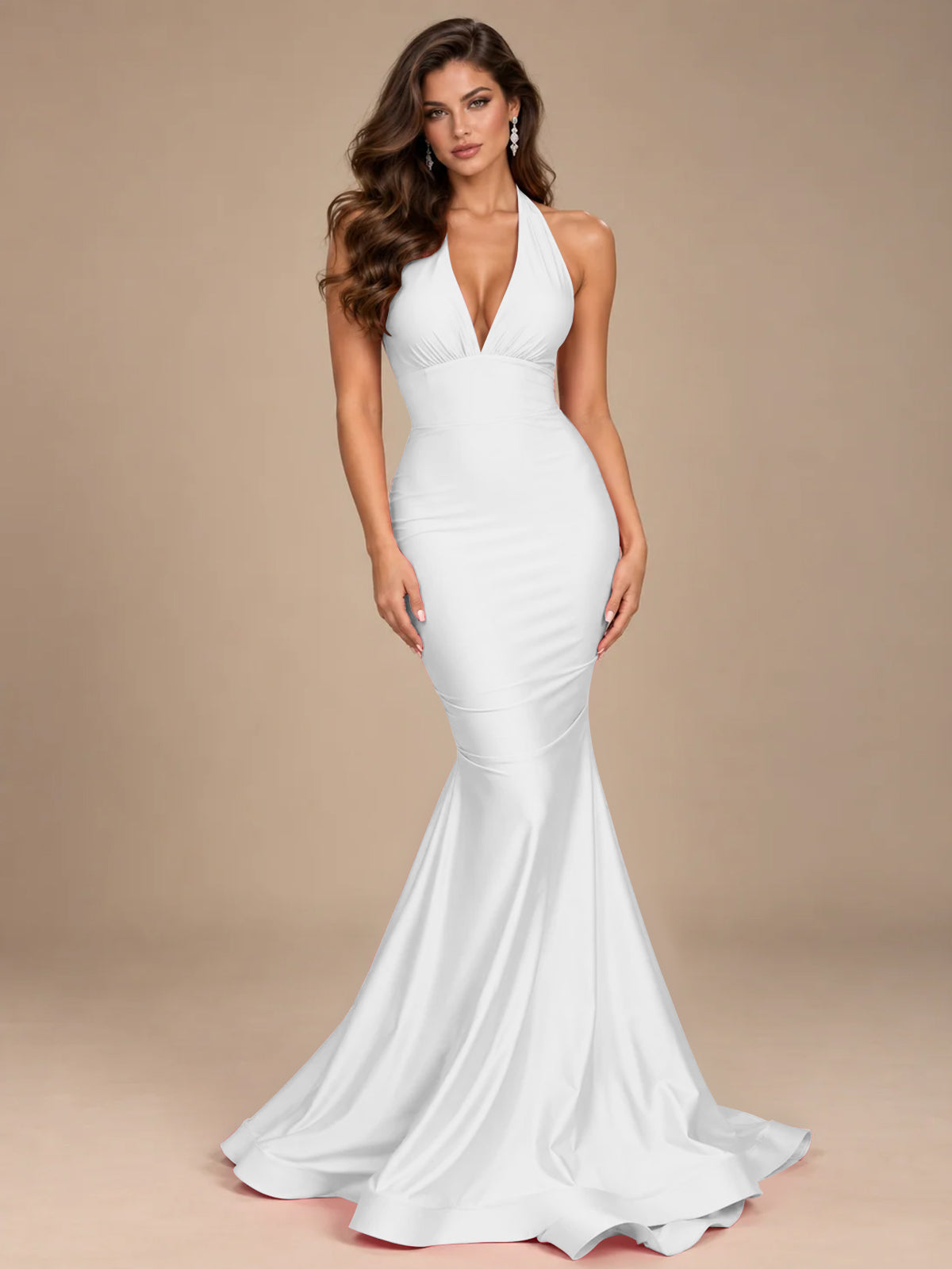 Pink Halter Deep V-Neck Ruched Mermaid Prom Dress