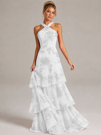 Tiered Ruffles Halter Floral Applique Prom Dress