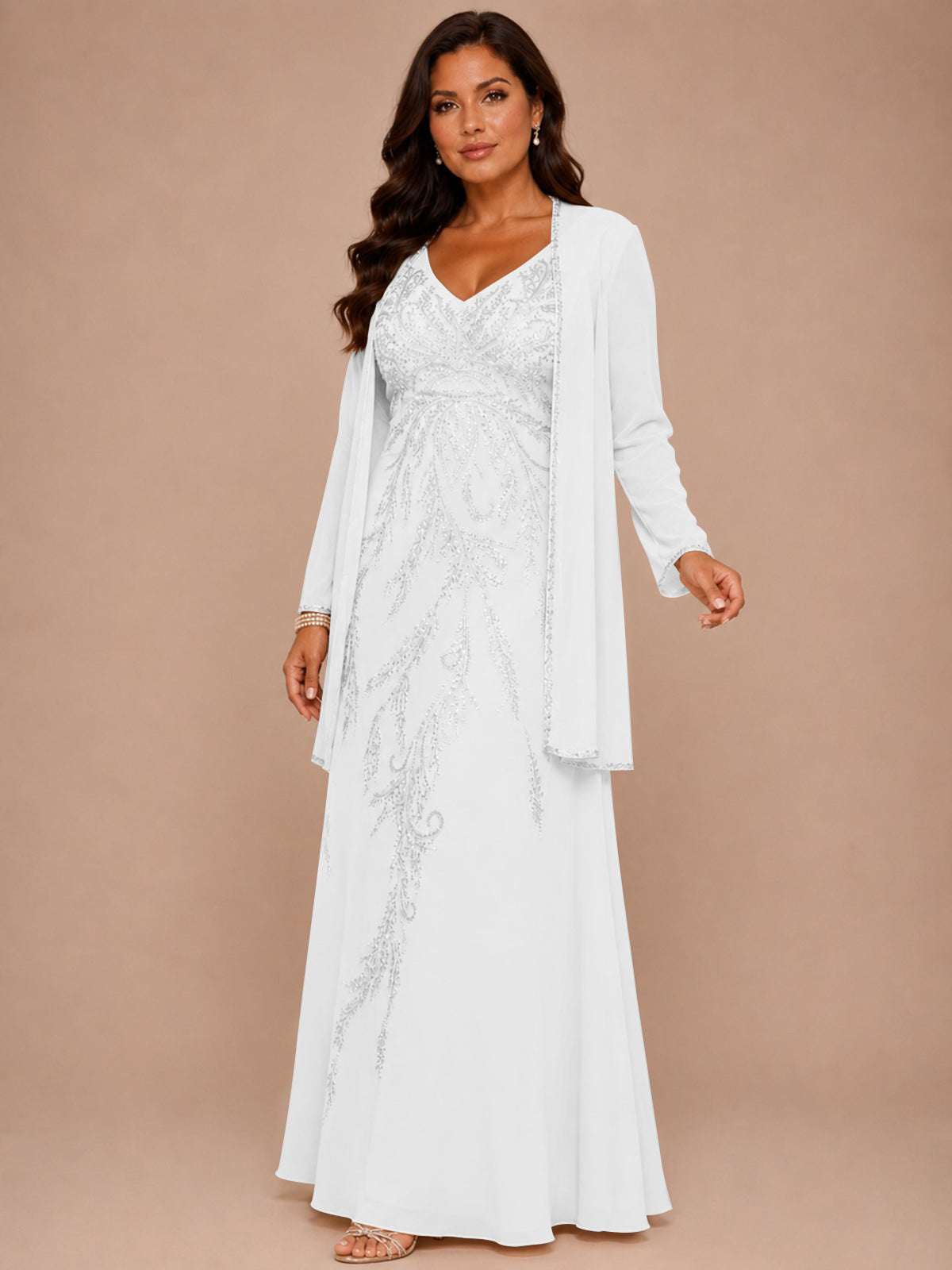 Champagne Beaded Chiffon Mother of the Bride Dress with Jacket V-Neck Gown