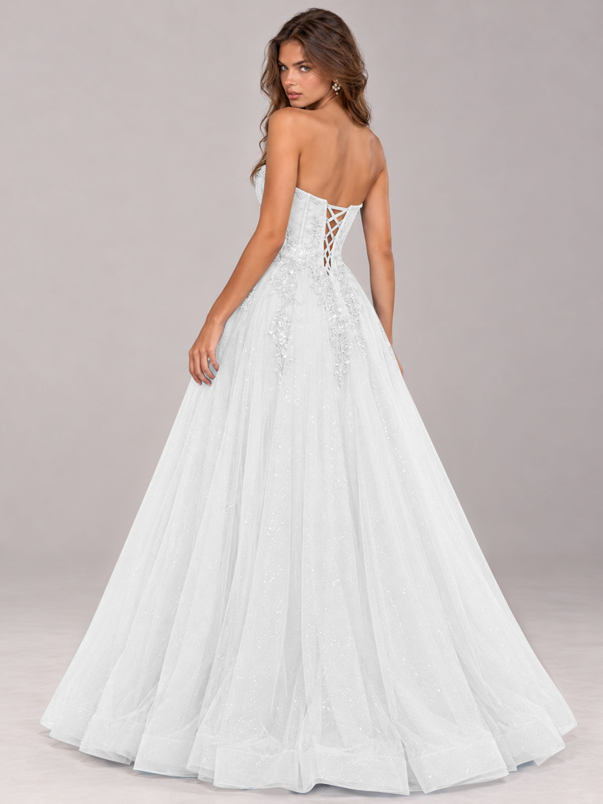 Strapless Sweetheart Beaded Corset Glitter Tulle Ball Gown Prom Dress