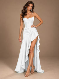 Burgundy Spaghetti Strap Ruched Prom Dress with Ruffled High Slit
