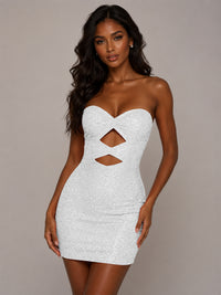 Royal Blue Rhinestone-Embellished Strapless Cut-Out Bodycon Mini Dress