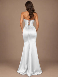Dusty Blue Strapless Lace Corset Prom Dress with High Slit