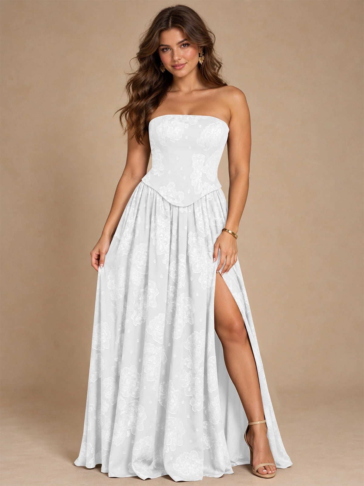 Chocolate Brown Floral Strapless Corset A-Line Evening Gown with Slit