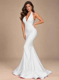 Pink Halter Deep V-Neck Ruched Mermaid Prom Dress