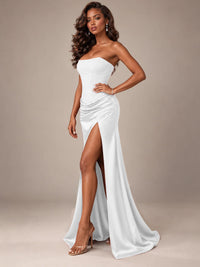 Burgundy Strapless Sparkly Corset Prom Dress with High Slit