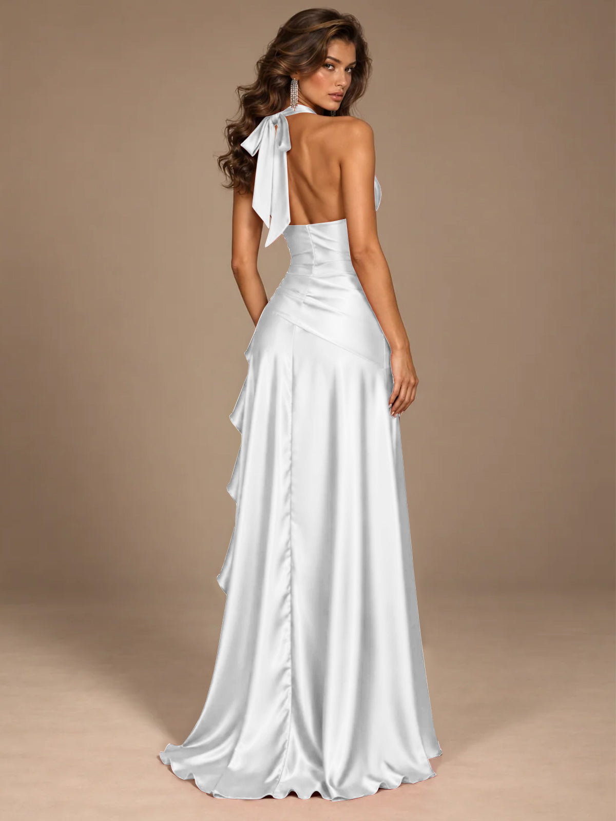Burgundy Halter Deep V-Neck Ruched High Slit Ruffle Prom Dress