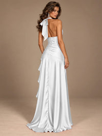 Burgundy Halter Deep V-Neck Ruched High Slit Ruffle Prom Dress