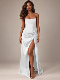 Burgundy Strapless Sparkly Corset Prom Dress with High Slit
