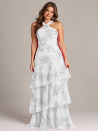 Tiered Ruffles Halter Floral Applique Prom Dress
