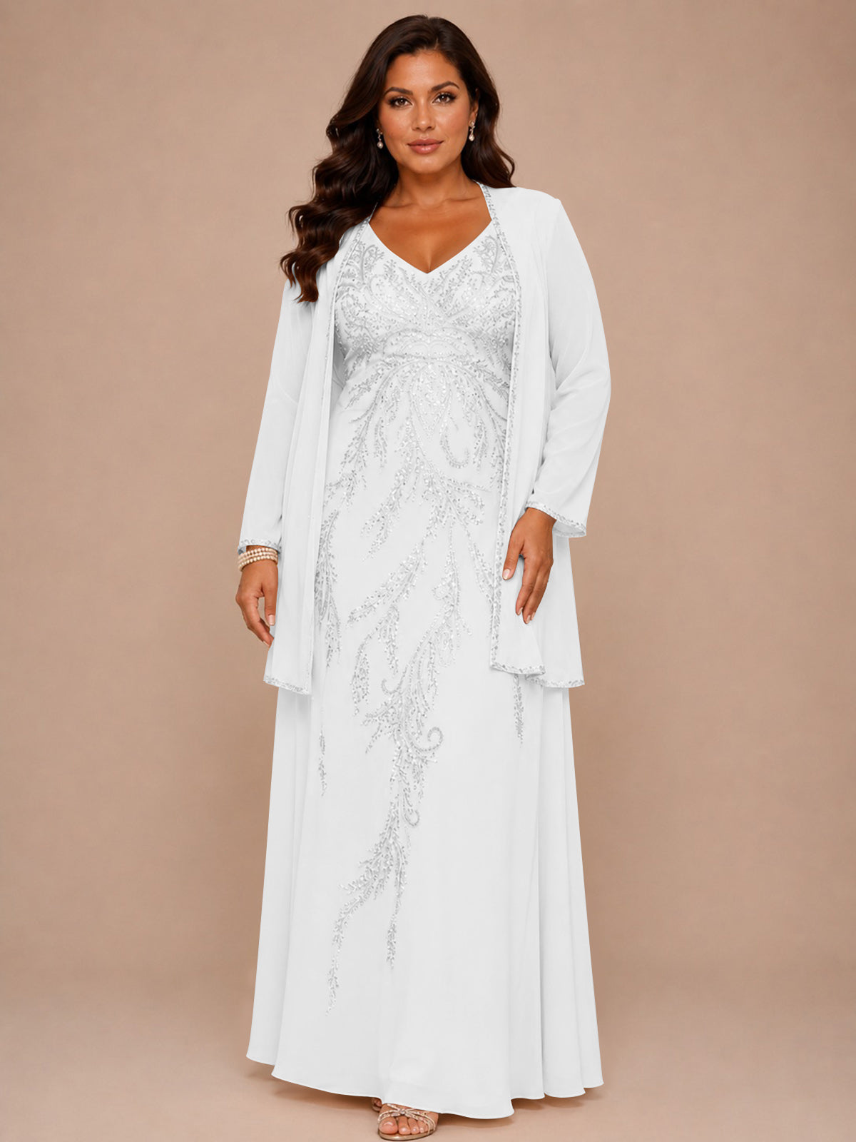 Champagne Beaded Chiffon Mother of the Bride Dress with Jacket V-Neck Gown