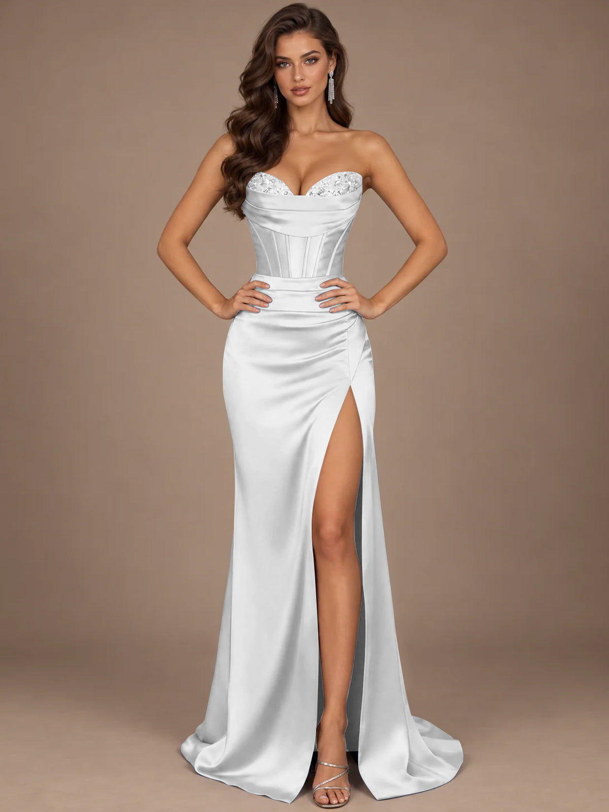 Dusty Blue Strapless Lace Corset Prom Dress with High Slit