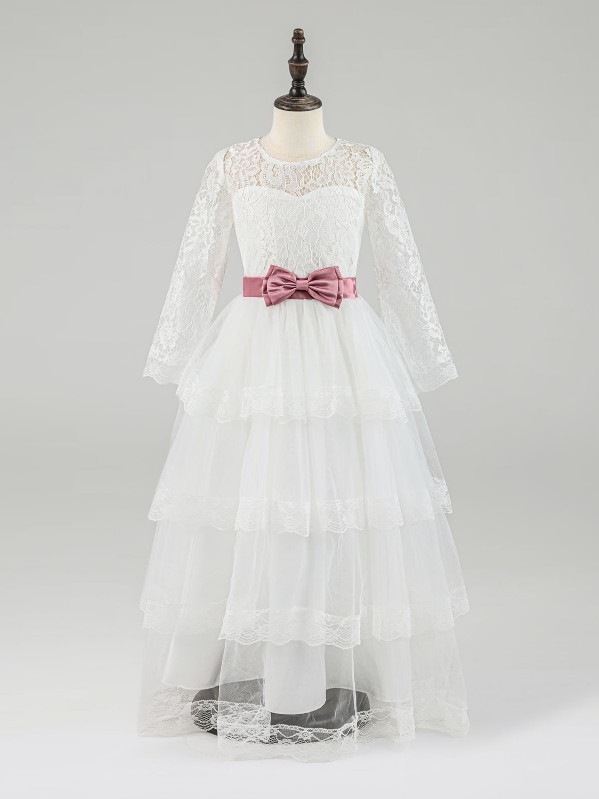 White Lace Long Sleeve Flower Girl Dress with Pink Bow