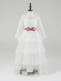 White Lace Long Sleeve Flower Girl Dress with Pink Bow