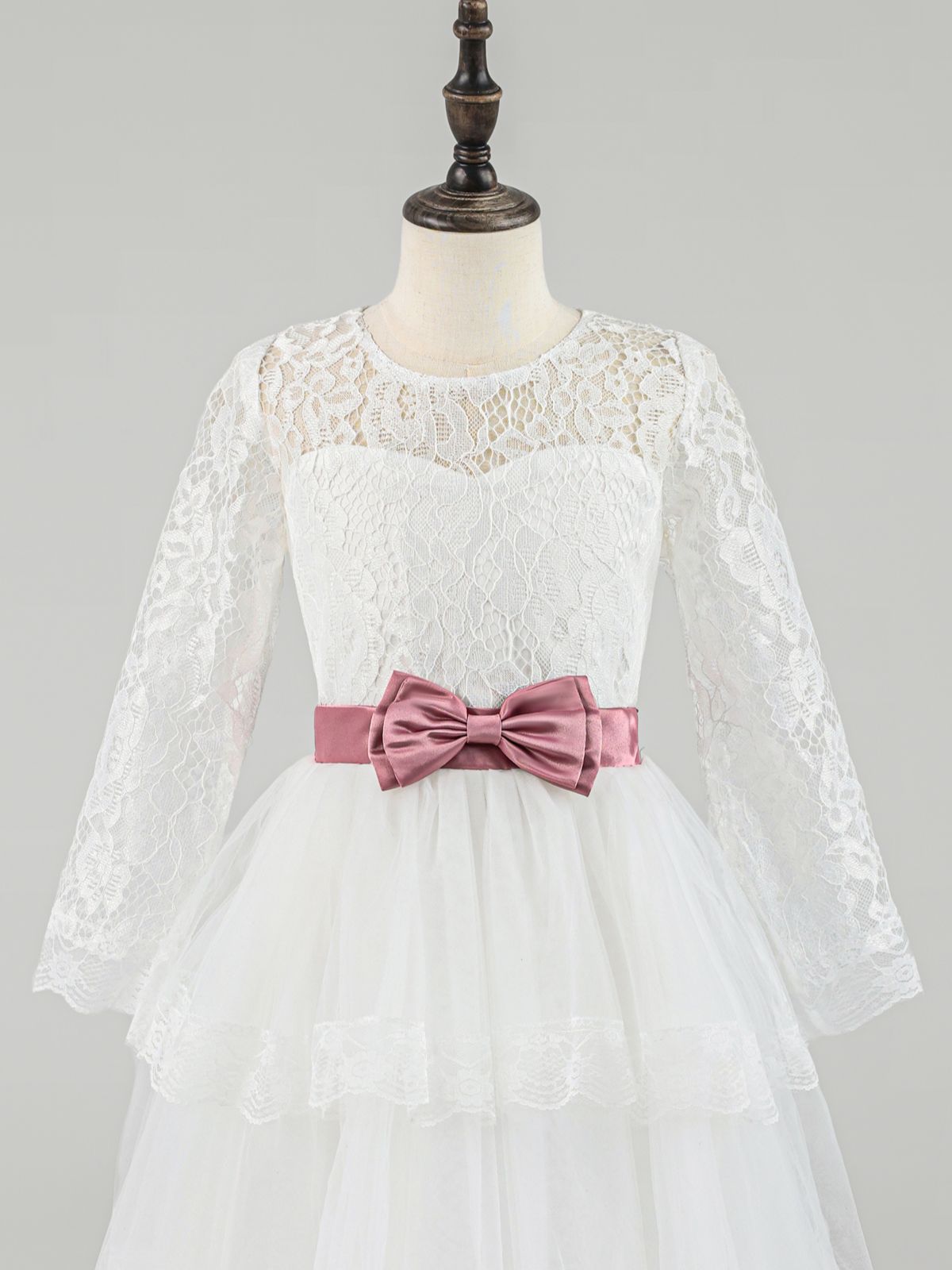 White Lace Long Sleeve Flower Girl Dress with Pink Bow