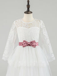 White Lace Long Sleeve Flower Girl Dress with Pink Bow
