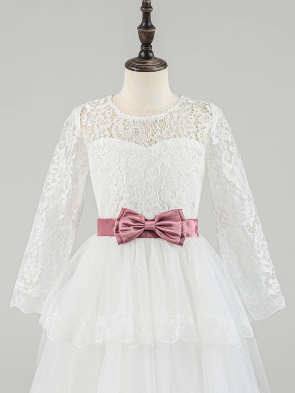 White Lace Long Sleeve Flower Girl Dress with Pink Bow