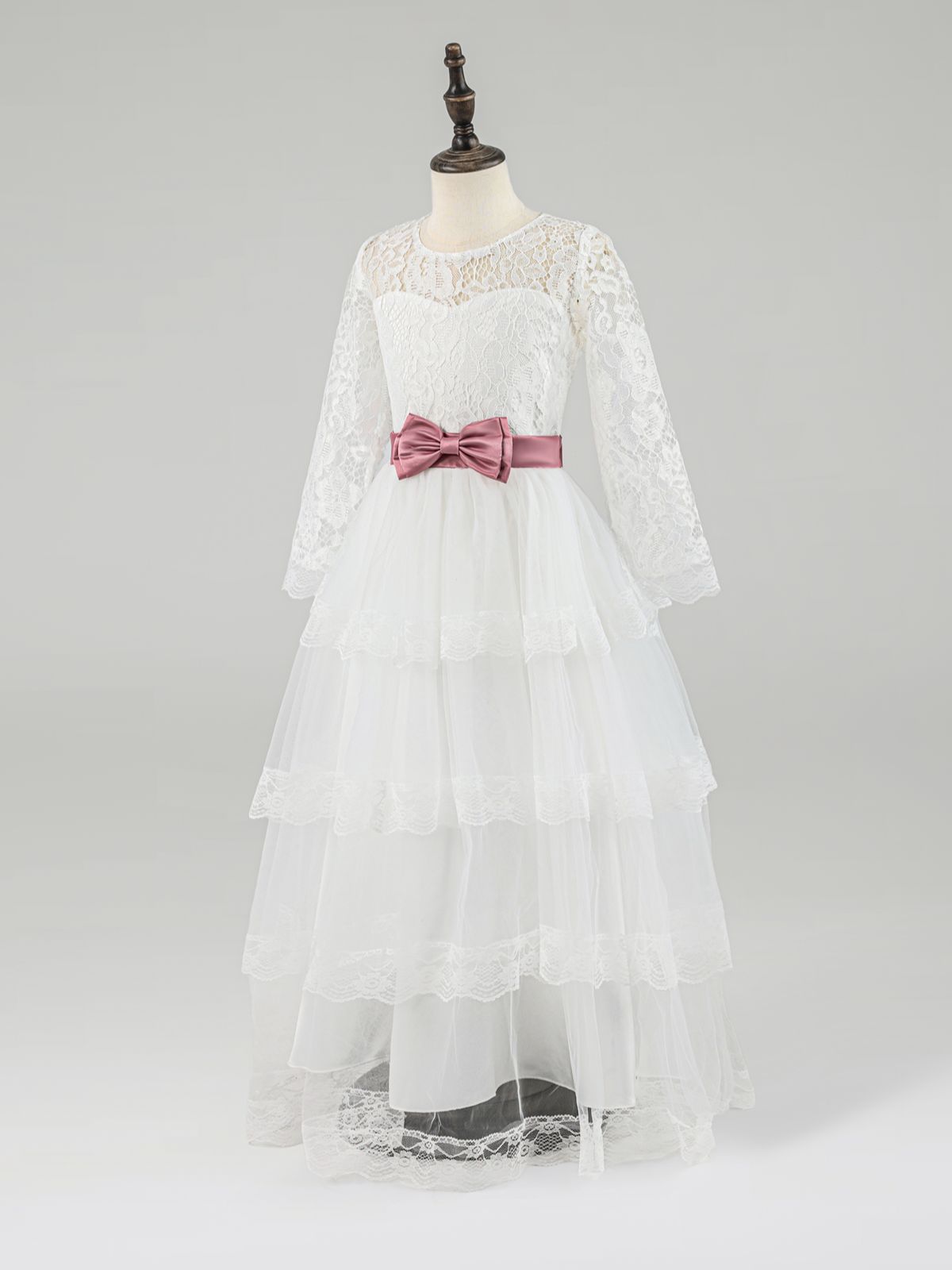 White Lace Long Sleeve Flower Girl Dress with Pink Bow