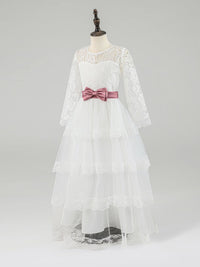 White Lace Long Sleeve Flower Girl Dress with Pink Bow