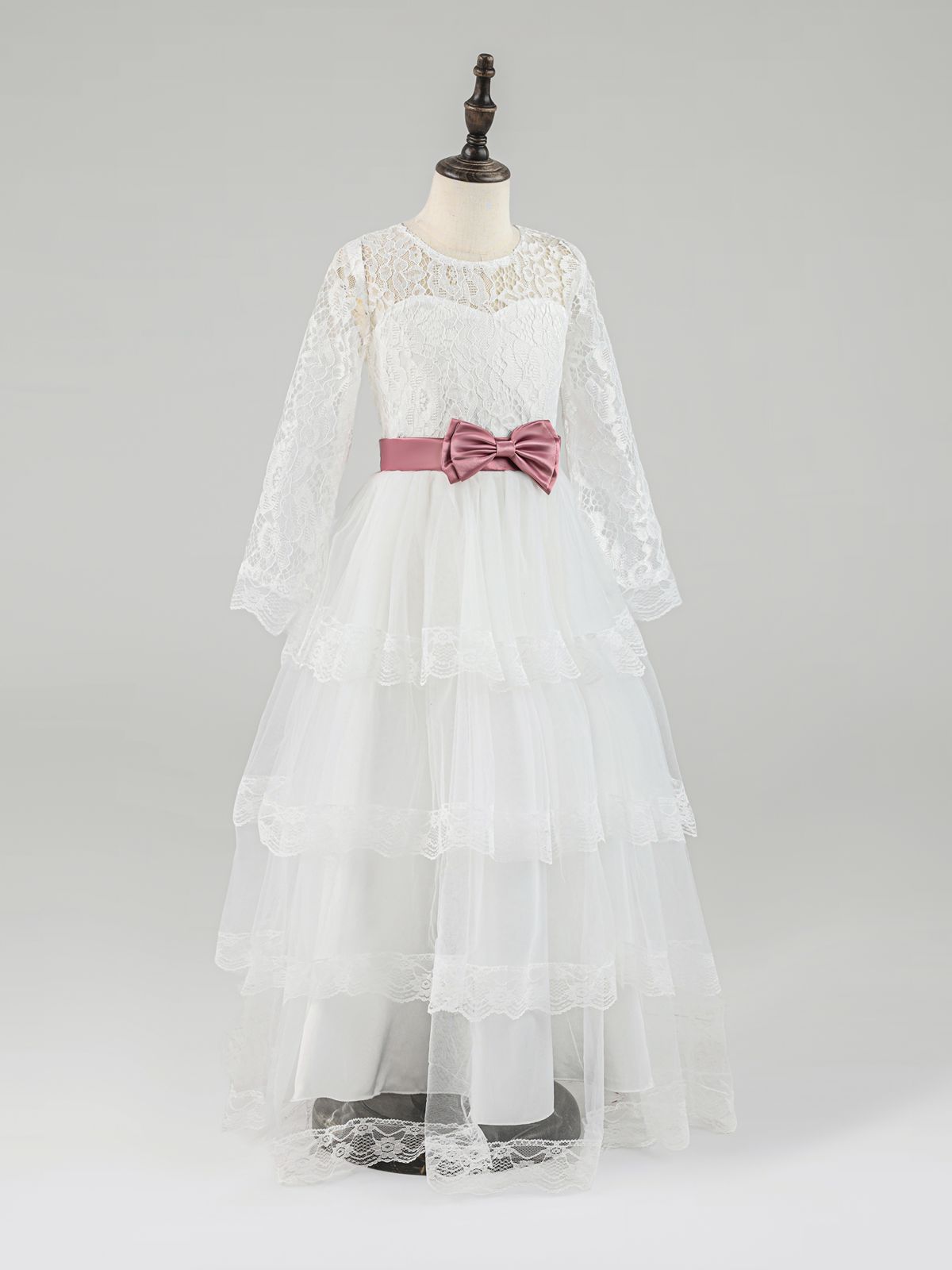 White Lace Long Sleeve Flower Girl Dress with Pink Bow