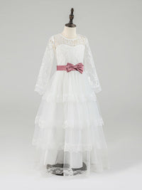 White Lace Long Sleeve Flower Girl Dress with Pink Bow