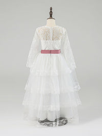White Lace Long Sleeve Flower Girl Dress with Pink Bow
