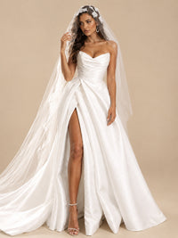 White Satin Wedding Dress with Slit Casual Bridal Formal Gowns