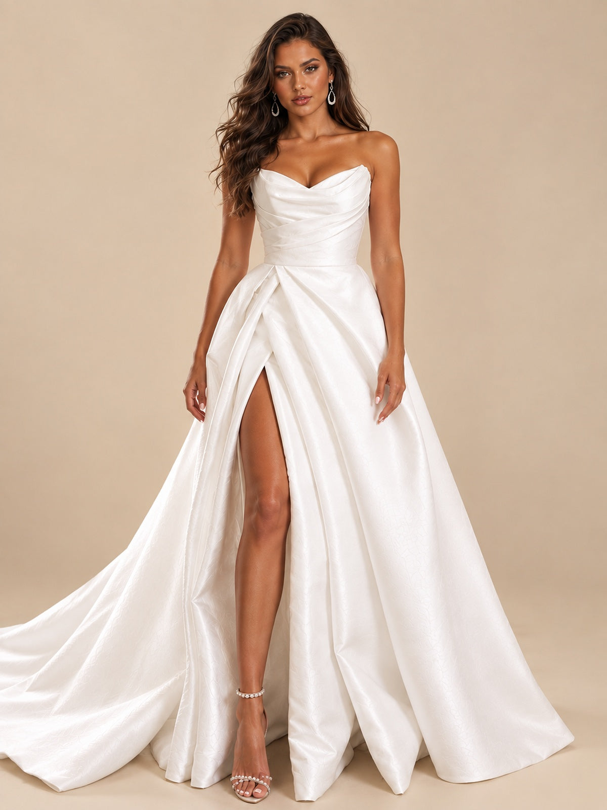 White Satin Wedding Dress with Slit Casual Bridal Formal Gowns