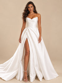 White Satin Wedding Dress with Slit Casual Bridal Formal Gowns