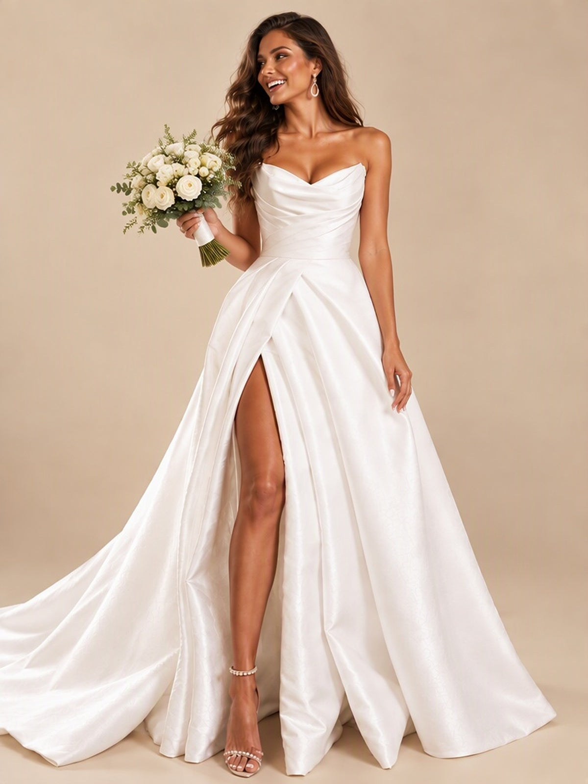 White Satin Wedding Dress with Slit Casual Bridal Formal Gowns