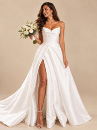 White Satin Wedding Dress with Slit Casual Bridal Formal Gowns