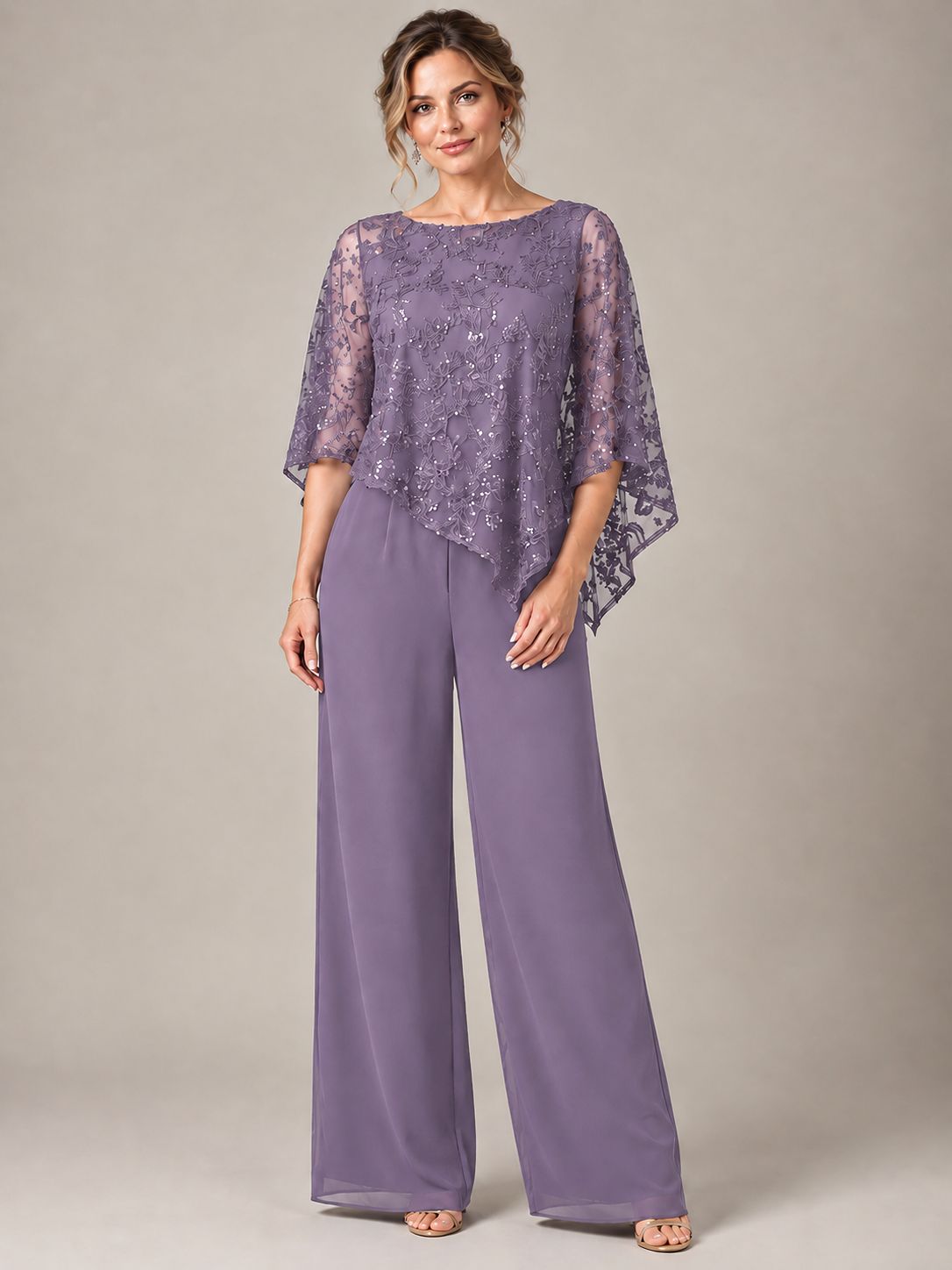 3/4 Sleeve Sequin Chiffon Jumpsuit with Cape