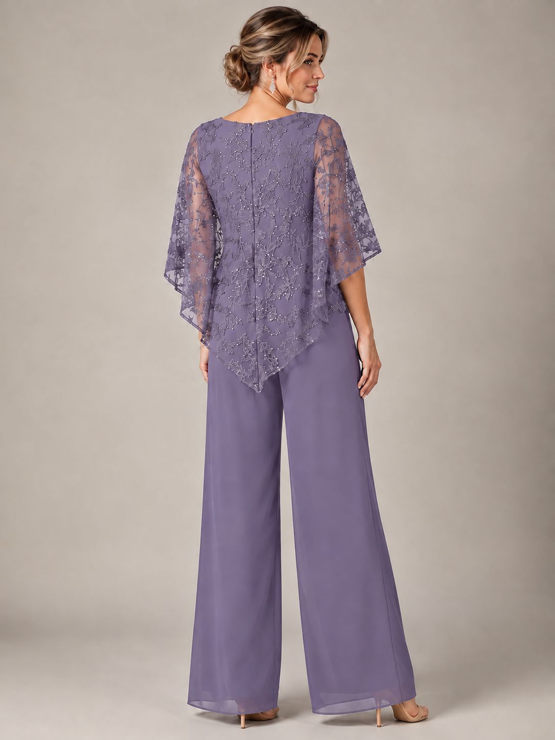 3/4 Sleeve Sequin Chiffon Jumpsuit with Cape