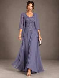 A-line 2 Pieces Chiffon Appliques Mother of The Bride Dresses with Jackets
