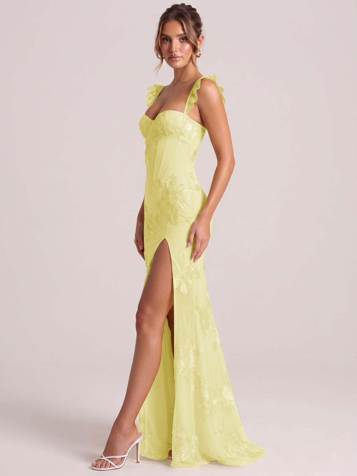 Sweetheart Floral Applique Corset Mermaid Prom Dress with High Slit