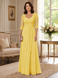 Chiffon Lace Applique Mother of the Bride Dress with 3/4 Sleeves