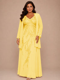 Champagne Beaded Chiffon Mother of the Bride Dress with Jacket V-Neck Gown