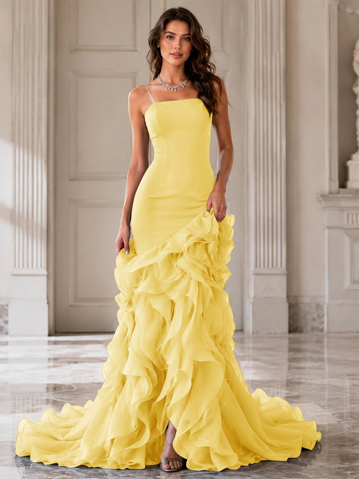 Mermaid Formal Evening Dress with Layered Ruffle Train