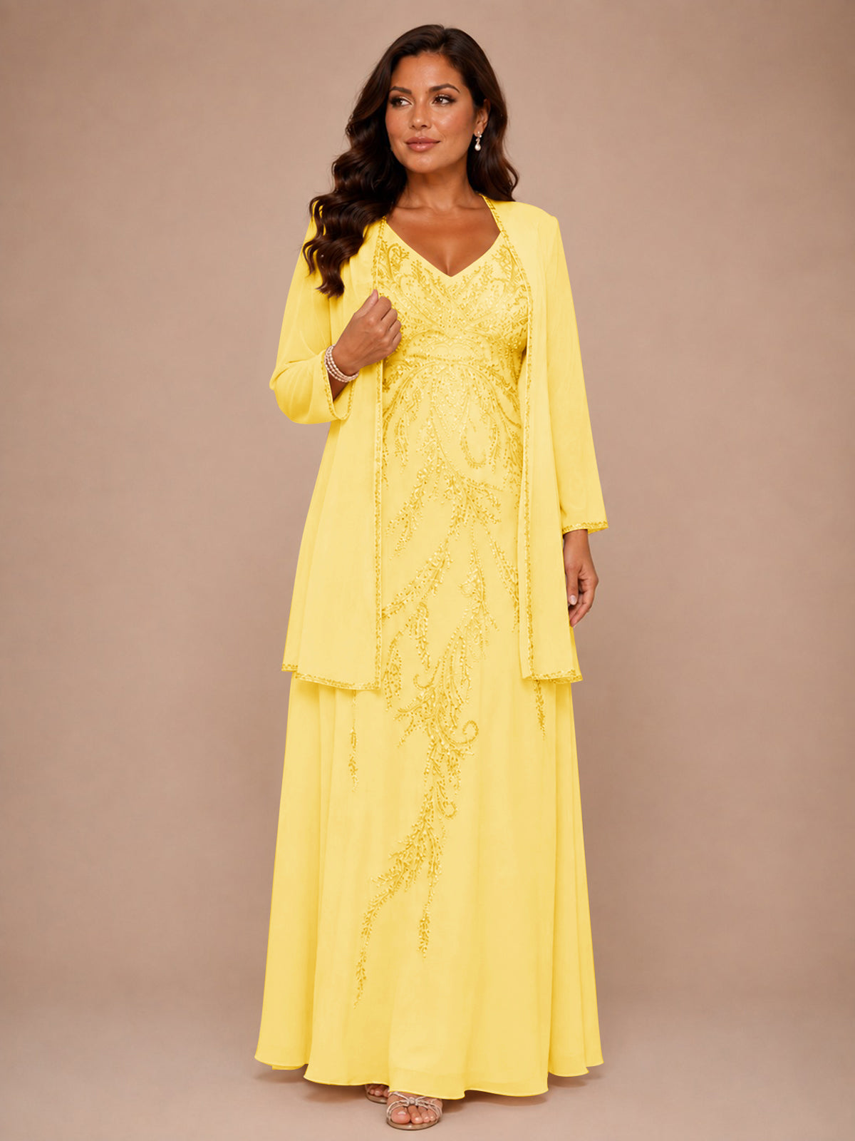 Champagne Beaded Chiffon Mother of the Bride Dress with Jacket V-Neck Gown