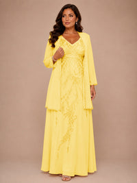Champagne Beaded Chiffon Mother of the Bride Dress with Jacket V-Neck Gown