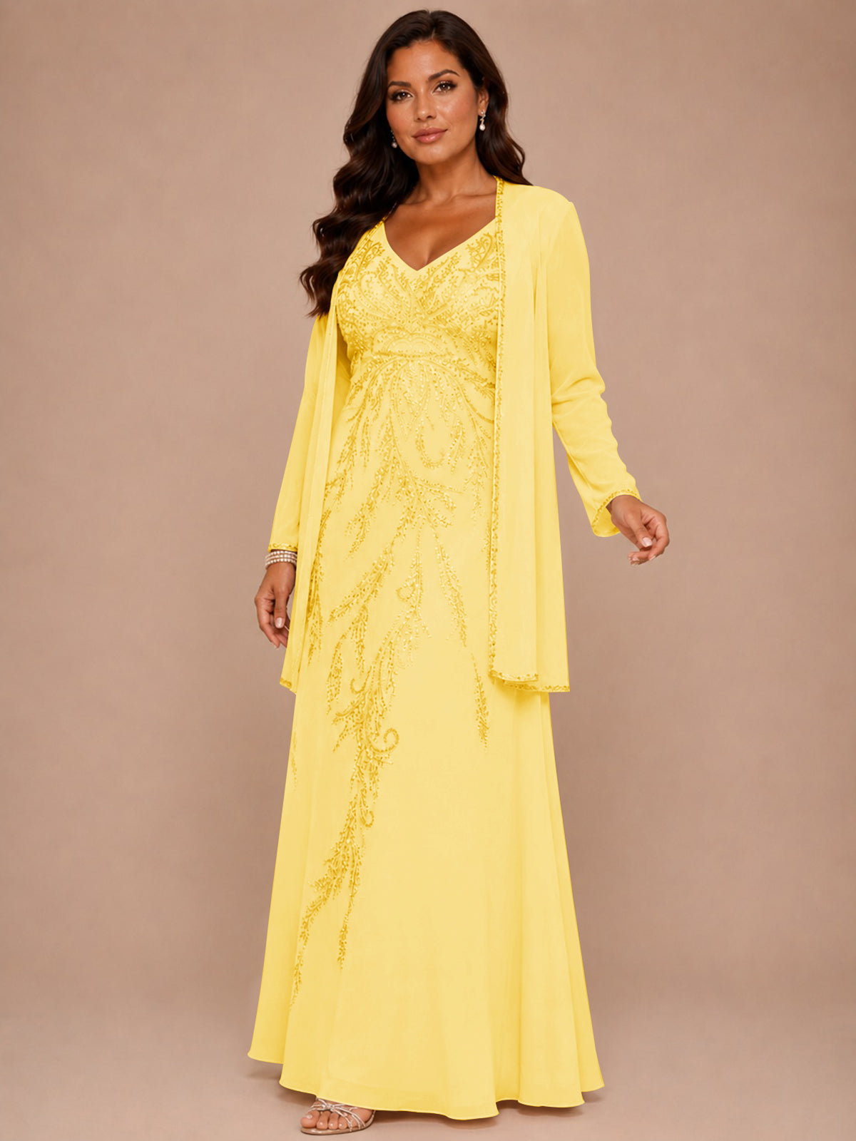 Champagne Beaded Chiffon Mother of the Bride Dress with Jacket V-Neck Gown