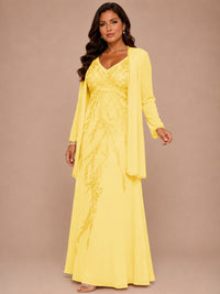 Champagne Beaded Chiffon Mother of the Bride Dress with Jacket V-Neck Gown