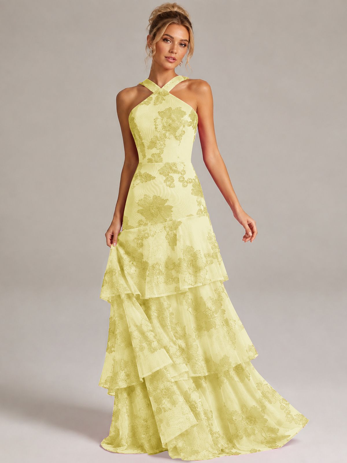 Tiered Ruffles Halter Floral Applique Prom Dress