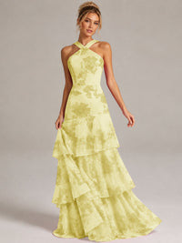Tiered Ruffles Halter Floral Applique Prom Dress