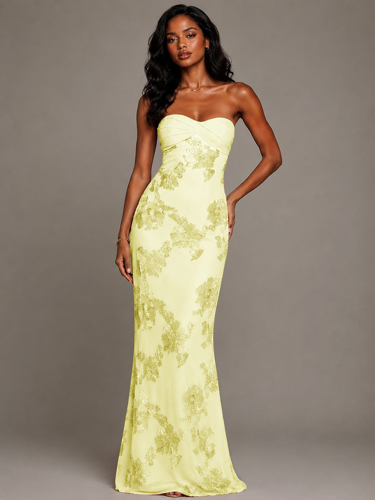 Strapless Floral Applique Mermaid Prom Dress