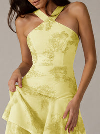 Tiered Ruffles Halter Floral Applique Prom Dress