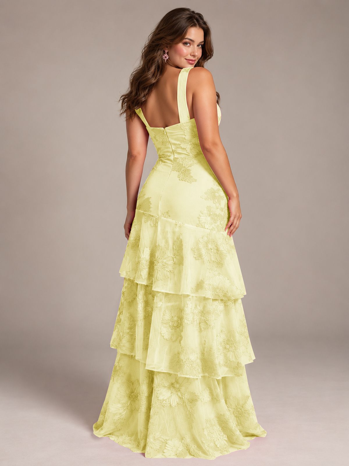 Tiered Ruffles Halter Floral Applique Prom Dress