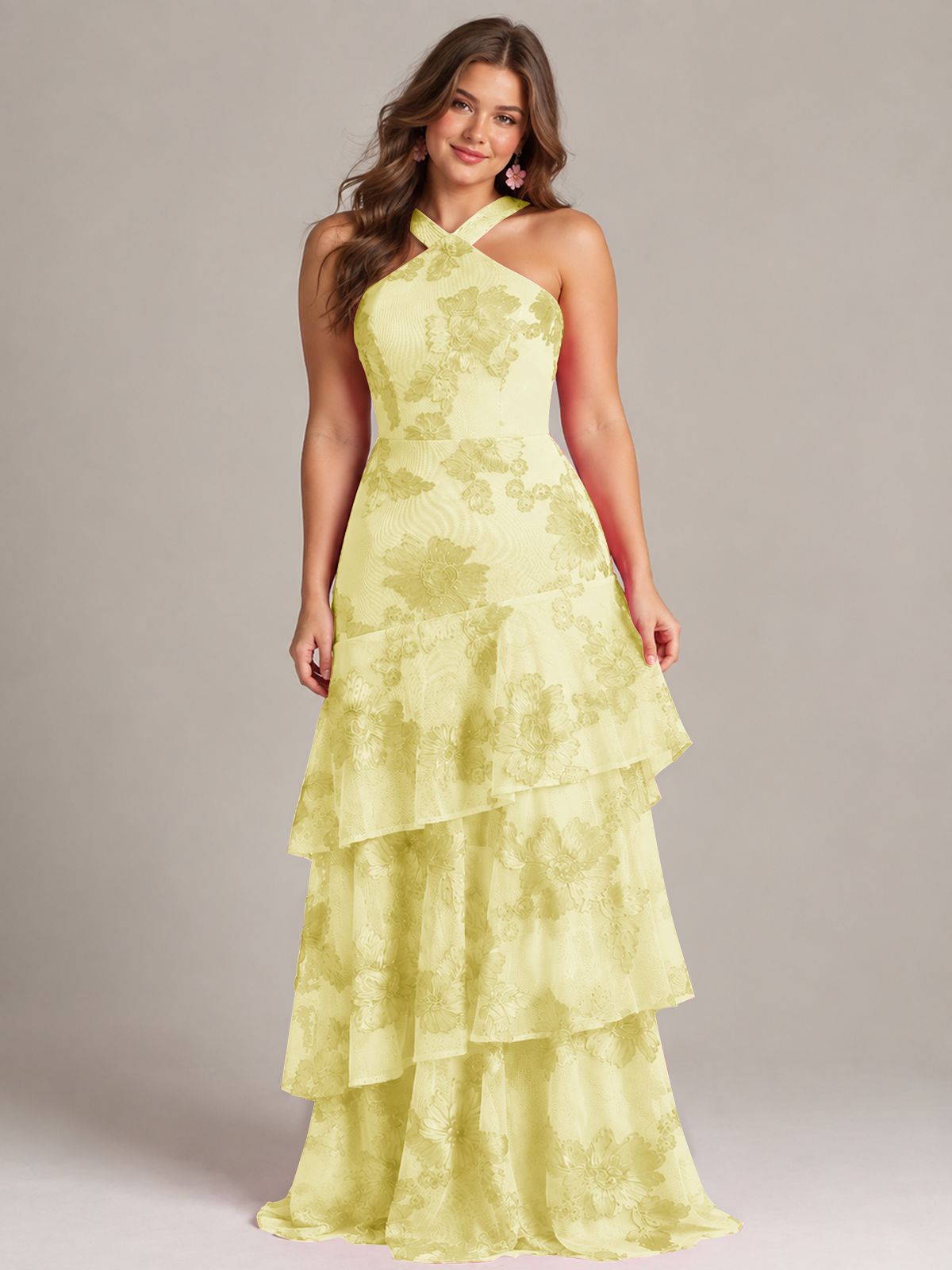 Tiered Ruffles Halter Floral Applique Prom Dress