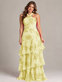 Tiered Ruffles Halter Floral Applique Prom Dress